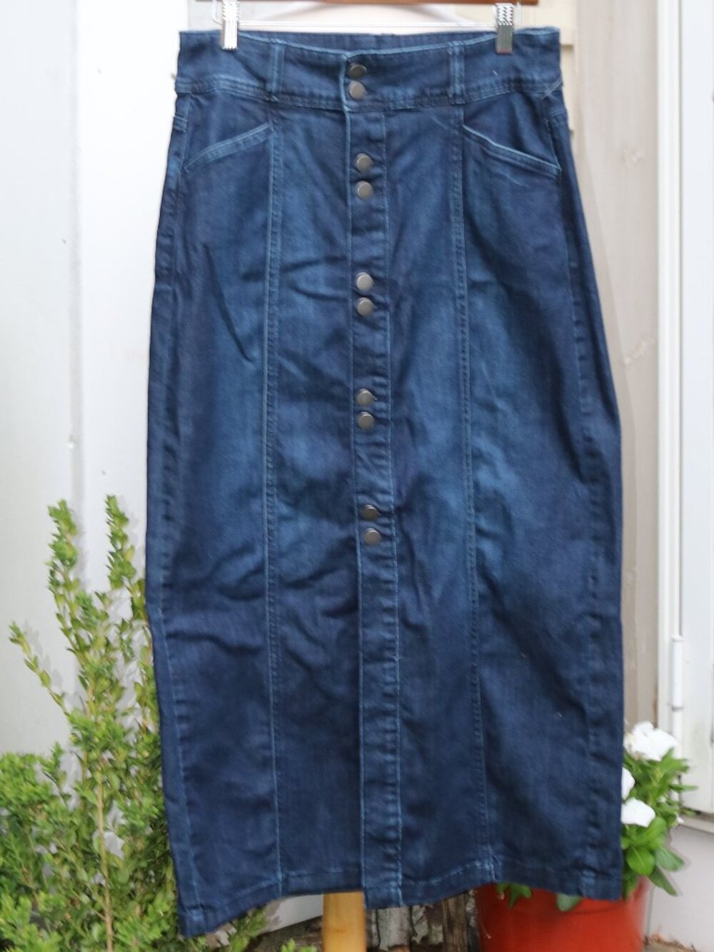 Style & Co Snap Front Stretch Cotton Blend Denim Straight Midi Skirt Sz 4